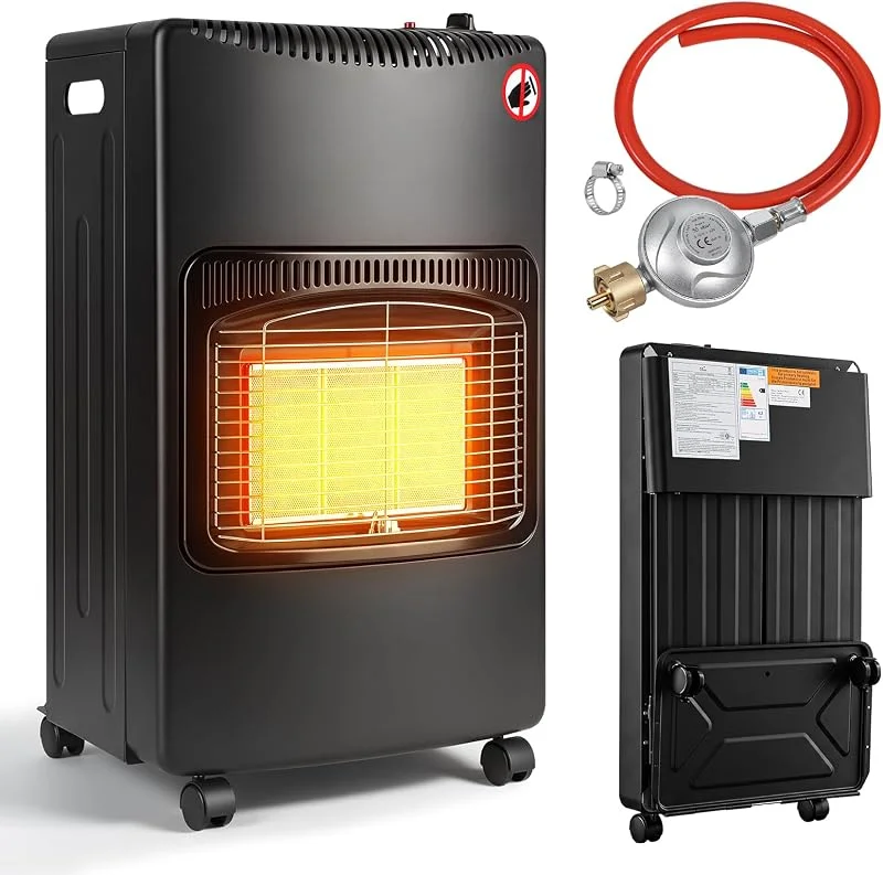 Gasheizofen 4, 2 KW Gasheizgerät Faltbar Gas Heizstrahler inkl. Überhitzungsschutz und Kippschutz, ODS Flammschutzeinrichtung, Piezozünder, 305 g, h Gasverbrauch, mit Druckregler & Schlauch — Heizung Warmepumpe