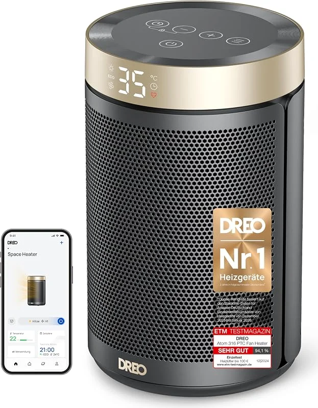 Dreo Energiesparender Heizlüfter, 1500W energiesparender leiser Raumheizer, tragbare Keramik-Fan-Heizer, Thermostat 3 Modi 12H Timer, Überhitzungs- und Kippschutz, für Schlafzimmer, Atom 316, Gold — Heizung Warmepumpe