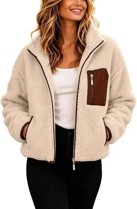 Fleecejacke Damen Stehkragen Teddyjacke Langarm Zipper Teddy Jacke Mit Taschen Winterjacke Sweatjacke Sweatshirt Herbst Basic Freizeitjacke Elegant Plüschjacke Übergangsjacke Wintermantel — Heizkleidung