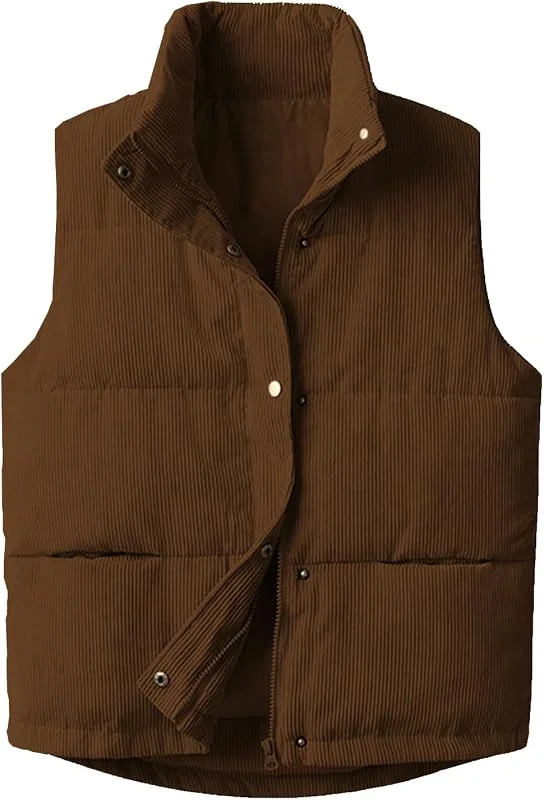 Womens Corduroy Puffer Vest Stand Collar Zip Snap Button Sleeveless Warm Waistcoat Padded Gilet — Heizkleidung