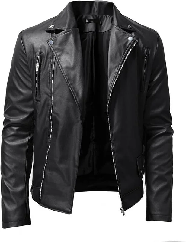Celucke Herren PU Lederjacke Stehkragen Punk Rockerjacke Motorrad Lederjacke Reißverschluss Kunstlederjacke Winter Slim Fit Ledermäntel Bikerjacken Motorradjacke Einfarbig Übergangsmantel Rockabilly — Heizkleidung