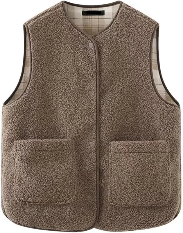 Teddy Fleece Weste Damen Fleecejacke V-Ausschnitt Teddyfleece äRmellos — Heizkleidung