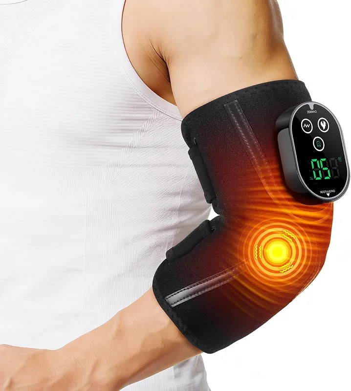 Kabelloses Ellenbogen-Heizkissen Mit Vibrationsmassage, Beheizte Ellenbogenbandage Mit Touchscreen-Steuerung, 5 Wärmestufen, 3 Vibrationsmodi, 3 Timer-Einstellungen, Integrierter 3000mAh-Akku — Heizkleidung
