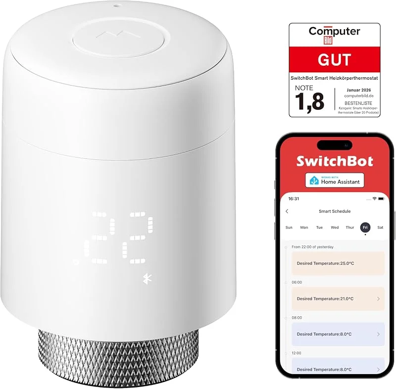SwitchBot Smart Heizkörperthermostat, Bluetooth-Thermostat mit App-Streuerung&Zeitplanung, Energieseinparung, Einfache Installation, kompatibel mit Alexa, Apple Home&Home Assistant (Hub Erforderlich) — Heizung Warmepumpe