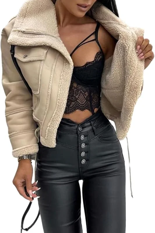 Ansenesna Winterjacke Damen Warm Gefüttert Kurz Wintermantel Elegant Wildleder Jacke Winter Fellkragen Motorrad Mantel Frauen Innenfutter Thermo Damen-Jacken Wildlederjacke Teddyfell Kurzmantel — Heizkleidung