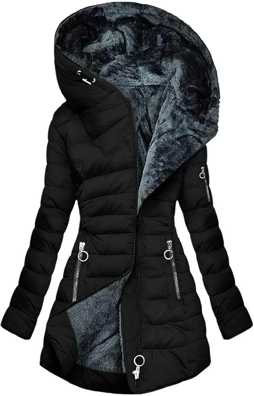 Wintermantel Damen - Lang Warmer Gefüttert Winterjacke Fleece Daunenjacke Mit Kapuze Winddicht Outdoorjacke Große Größen Damenmantel Winter Mantel Bequeme Parkajacke Kapuzenjacke, S-5XL — Heizkleidung