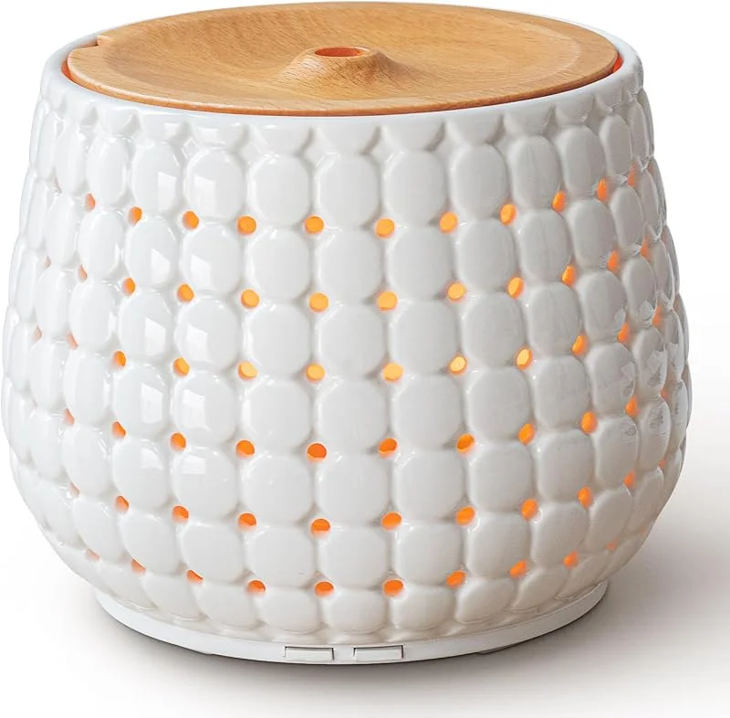Weißer Keramik-Öl-Diffusor für ätherische Öle großen Raum, 250ml Aromatherapie-Öl-Diffusor kühlen Nebel Luftbefeuchter mit 7 Farben Lichter 2 Nebel-Modi