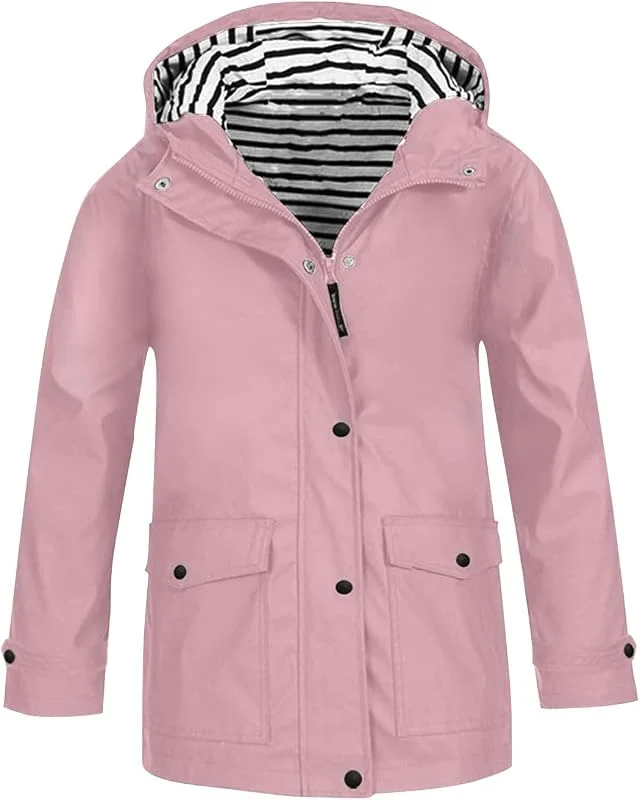 Gefütterte Regenjacke Mädchen Wasserdicht Regenmantel mit Gestreifte Kapuzen Winddicht Softshelljacke Reißverschluss Leichter Windbreaker Langarm Mantel Windjacke — Heizkleidung