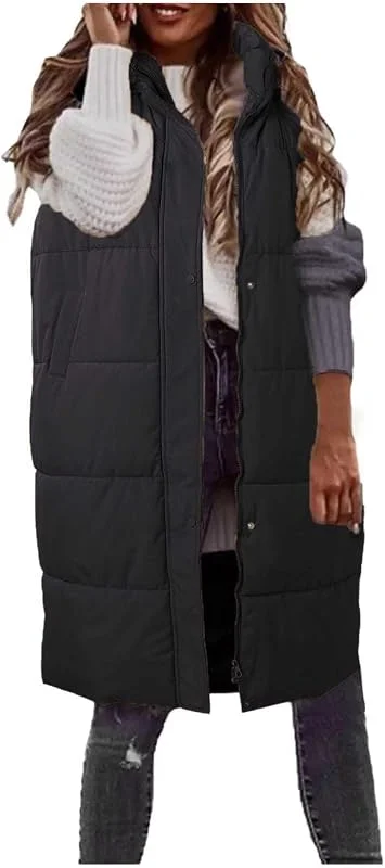 Damen Wintermantel Ärmellos Weste Langer Kapuzenpullover Warmer Daunenmantel Mit Taschen Outdoorjacke — Heizkleidung