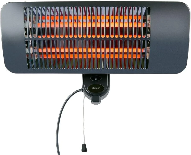alpina Infrarotheizung Hängend Heizstrahler Terrasse 2000W 3 Heizstufen - Spritzwassergeschützter Terrassenheizer IP34 mit Infrarotlampe - Terrassenheizung, Schwarz — Heizung Warmepumpe