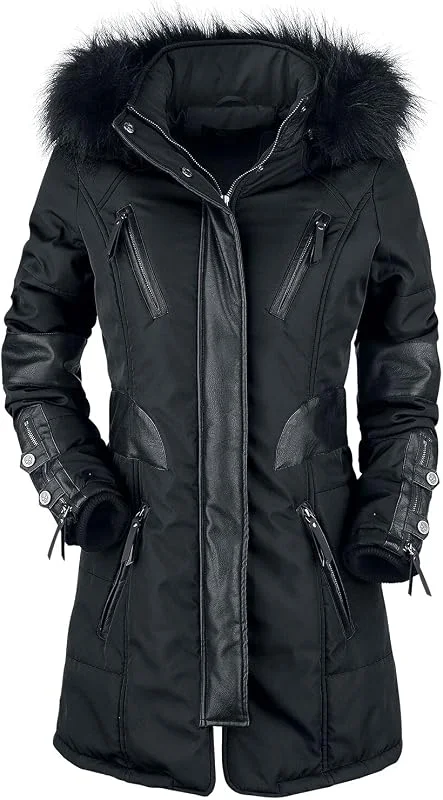 Rock Rebel by EMP Damen schwarze lange Winterjacke mit Kunstleder-Details — Heizkleidung
