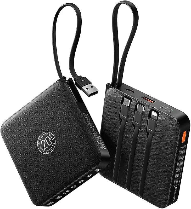 Powerbank 22, 5W Power Bank mit Kabel 20000mAh USB-C Schnellladung Klein Externe Handyakkus & LED-Display Mini Tragbares Ladegerät Kompatibel mit iPhone 17 16 15 Xiaomi Samsung iPad (Schwarz) — Heizkleidung