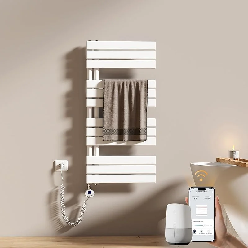 EMKE WiFi Badheizkörper Elektrisch 1041x500 mm, Flach Handtuchheizkörper Elektrisch, Elektrischer Handtuchwärmer Handtuchtrockner Handtuch Heizkörper Bad mit Thermostat und Heizstab - 600W, Weiß — Heizung Warmepumpe