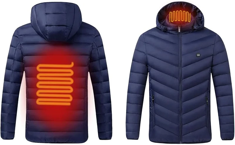 Beheizbare Jacke mit Kapuze 2024 Neues Winter Daunenjacke für Herren Damen 2 Heizzonen 3 Heizstufen mit USB Anschluss Wasserdichte Winddichte Mäntel für Skifahren Motorradjacke Gesteppte Daunenjacke — Heizkleidung