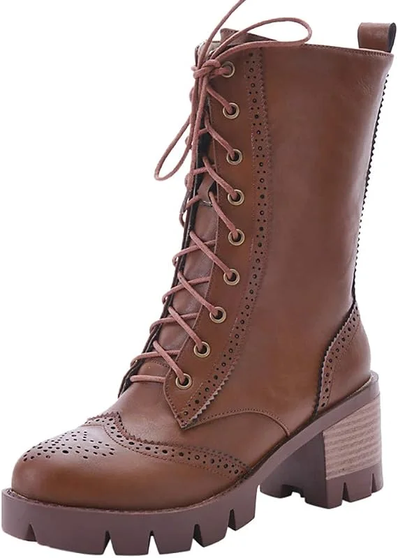 Stiefel Frauen Mode Reine Farbe Runde Zehen Schnürstiefel Square Heels Vintage — Heizkleidung