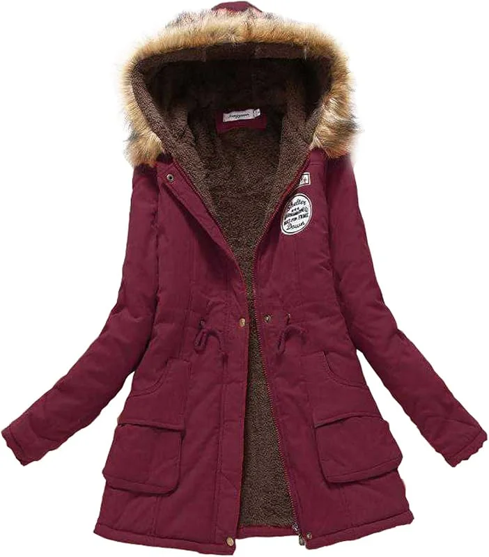 YUE Winterjacke Damen Warm Gefüttert Winddicht Jacke Windbreaker Teddyfell Fleecejacke Warm Cardigan Kapuzenpullover mit Taschen Warm Mantel Mode Outdoorjacke Winterparka (Wine, XXXL) — Heizkleidung