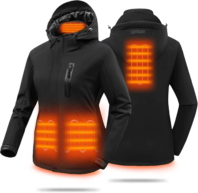 HEWINZE Beheizbare Jacke damen mit kapuze, softshell warme winterjacke damen mit akku 7.4V ，motorrad jacke für Outdoor Wandern Jagd Motorrad Camping — Heizkleidung