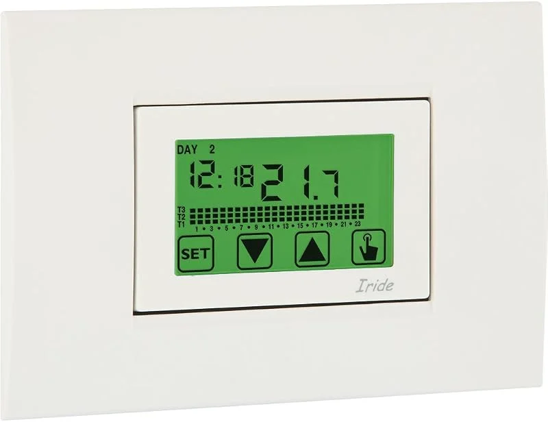 Vemer Raumthermostatuhr VE457800 Iride 230 Wochenprogrammierung Einbaumontage Uhrenthermostat mit Multicolor-Hintergrundbeleuchtung und Touchscreen-Bedienung — Heizung Warmepumpe