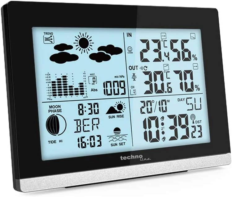 techno line WS 6762 Funk-Wetterstation mit Außensensor – DCF Funkuhr, Innen- & Außentemperatur, Luftfeuchtigkeit, Wettertrend, Mondphase, großes LCD Display, Wecker mit Datum & Uhrzeit — Luftbefeuchter