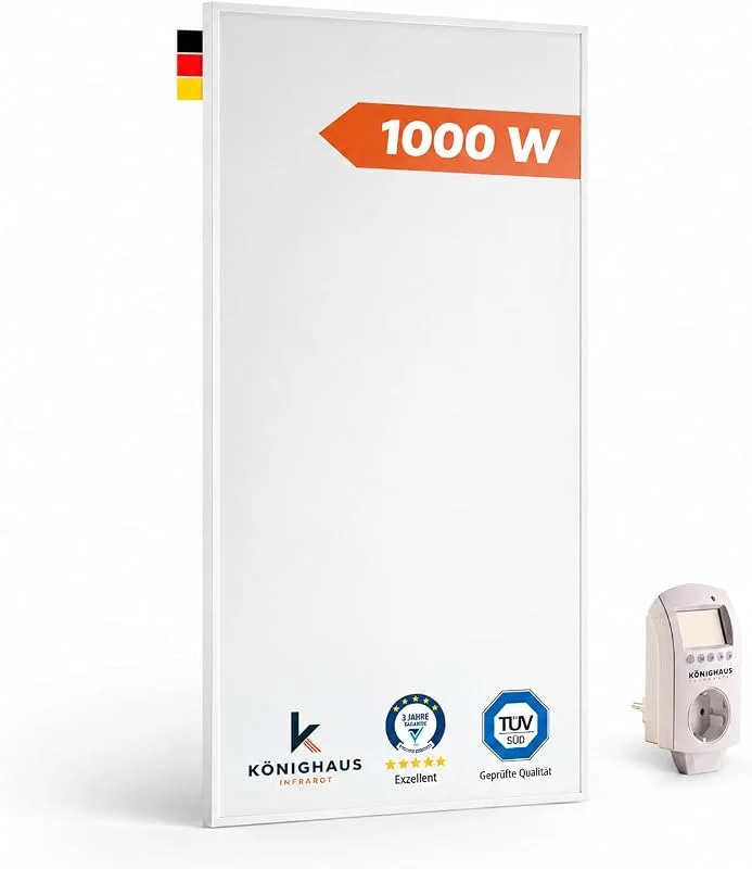 Könighaus Infrarotheizung - 1000 Watt mit TÜV SÜD + 5 Jahre Herstellergarantie ✓ Doppelter Überhitzungsschutz ✓ Heizkörper in 2-4 min auf Betriebstemperatur ✓ inkl. Thermostat — Heizung Warmepumpe