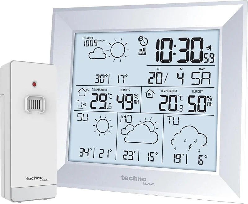 technoline WD 2000 Wetterstation mit WLAN und App, 4 Tage Wettervorhersage, Innen- und Außentemperatur, Luftfeuchtigkeit, Luftdruck, bis zu 3 Außensensoren, Wecker mit Schlummerfunktion — Luftbefeuchter