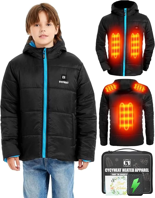 CYCYHEAT Beheizbare Jacke Kinder mit Powerbank 10000mAh 7, 4V-Jungen und Mädchen Heizjacken with Kapuze Winterjacke beheizte Kleidung — Heizkleidung