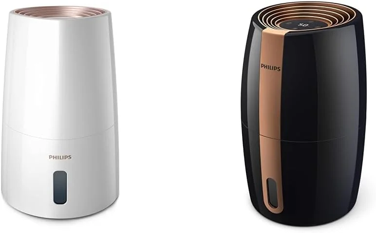 Philips Series 3000 Luftbefeuchter – für Räume bis 45 m² & Luftbefeuchter 2000 Serie HU2718, 10 - Natürliche und hygienische Luftbefeuchtung durch nano-große Wassermoleküle, schwarz, kupfer