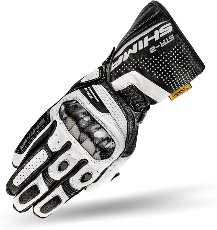 SHIMA STR-2 Motorradhandschuhe Herren - Touchscreen, Sommer, Sport Leder Handschuhe mit Carbon Knöchelprotektor, Handflächen- und Fingerschieber, Verstärkte Handfläche (Weiß, S) — Heizkleidung