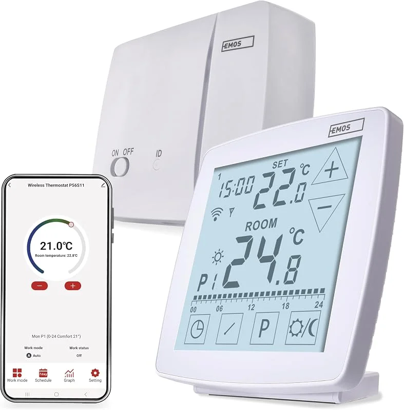 EMOS GoSmart - Smart Home Raumthermostat mit App - WiFi - Open Therm Thermostat - tragbare Steuereinheit mit Touch-Bedienung - energiesparend - Tuya, Smart Life, Google Assistant und Alexa kompatibel — Heizung Warmepumpe