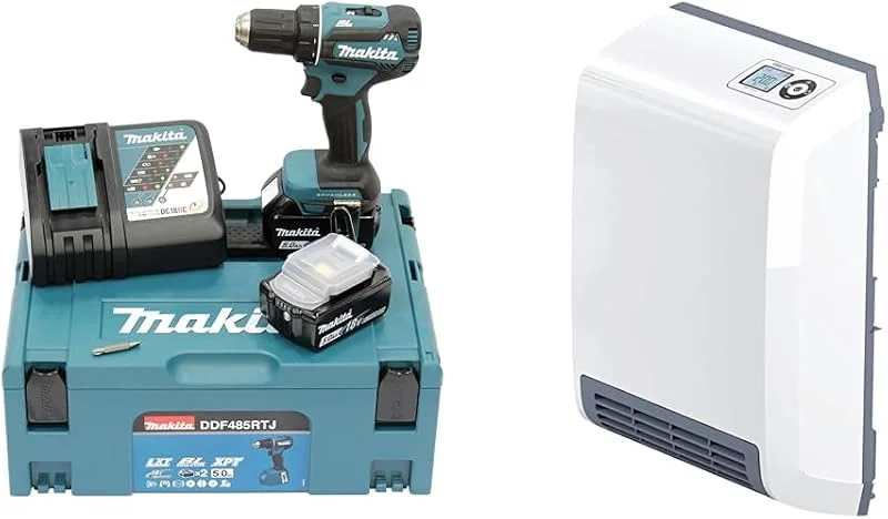 Makita DDF485RTJ Akku-Bohrschrauber 18 & STIEBEL ELTRON Schnellheizer CK 20 Trend LCD, 2 kW für ca. 25 m², TÜV geprüft, LC-Display, Wochentimer, Keramik Heizlüfter energiesparend, Bad, 236653 — Heizung Warmepumpe