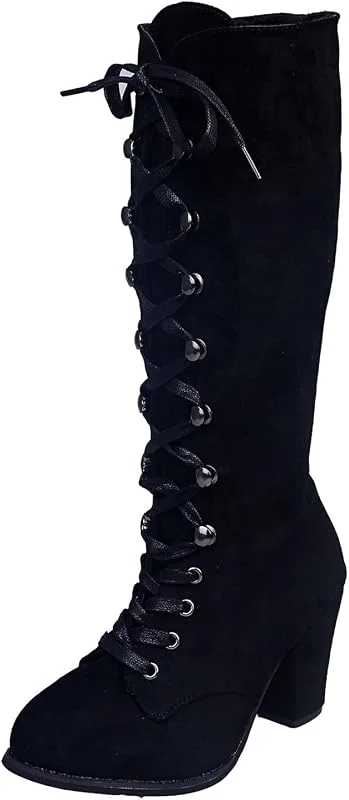 Generisch Casual Boots Up Retro Lace Heels Dicke Modeschuhe Mid-Calf Women Damenstiefel — Heizkleidung