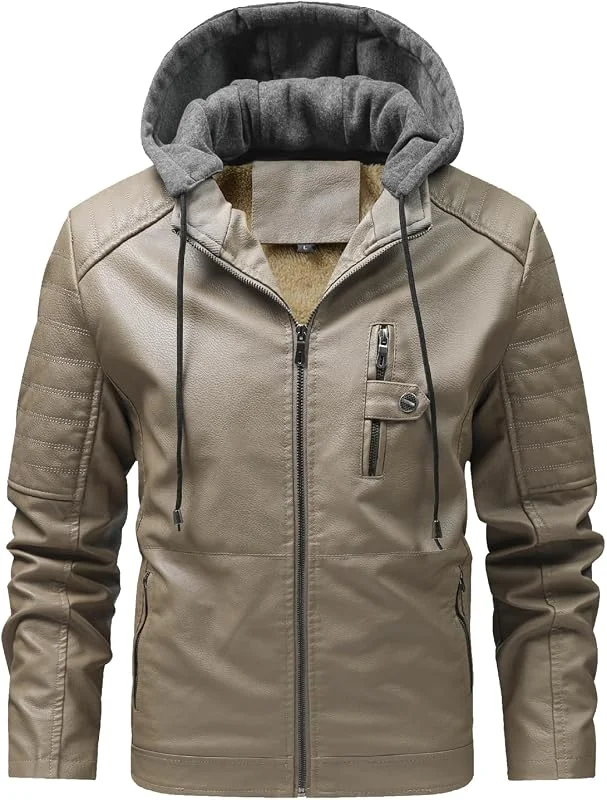 Lederjacke Herren Winter Gefüttert Winterjacke Warm Kapuze Jacke Leder — Heizkleidung