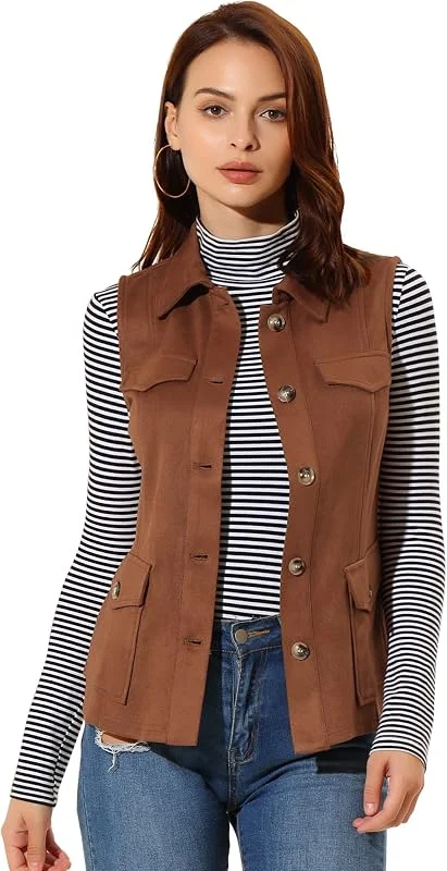 Allegra K Damen Ärmellose Jacke aus Wildlederimitat Utility — Heizkleidung