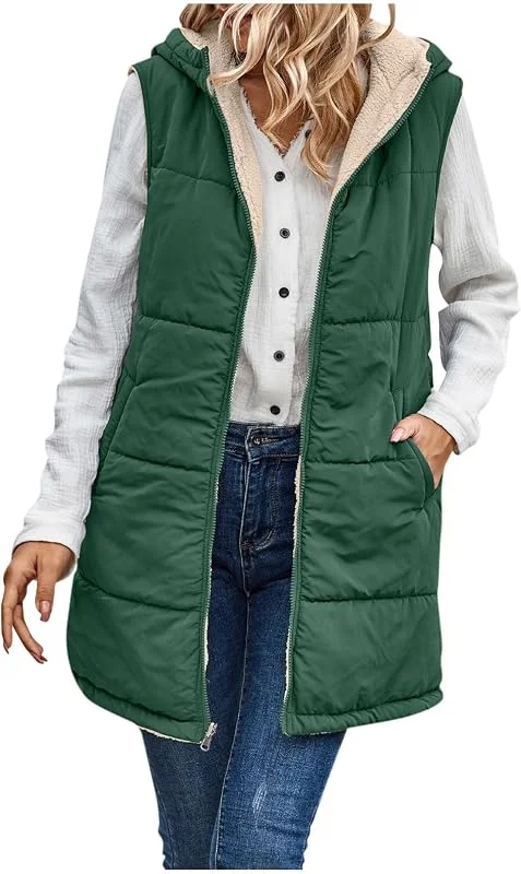 Steppweste Damen Lang Mit Kapuze Lange Weste Ärmellos Steppjacke Winter Longweste Winterjacke Warm Wintermantel Frauen Elegant Jacke Stepp Mantel Ohne Ärmel Zipper Damen-Jacken — Heizkleidung