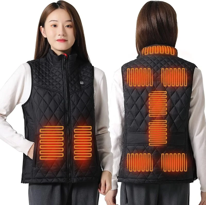 Heizweste Damen USB, Beheizbare Weste, Jacke Damen, Heated Vest Elektrisch Unterstützt Von Powerbank Einstellbar Wärmeweste Smart Sport Motorrad Jagd Heiz Kleidung Daunenweste 9 Zonen (Schwarz, XS) — Heizkleidung