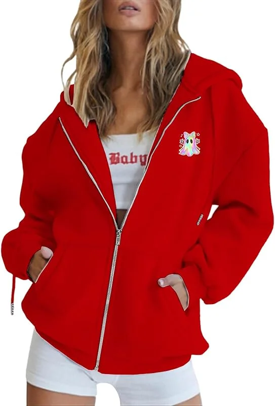 HOOUDO Damen Sweatjacke Kapuzenpullover Zip Hoodie Jacke Mit Kapuze Für Damen, Grafische, Lässige, Übergroße Sweatshirts Langen Ärmeln, Herbstpullover Sonnenschutz Pink Fell Ohren — Heizkleidung