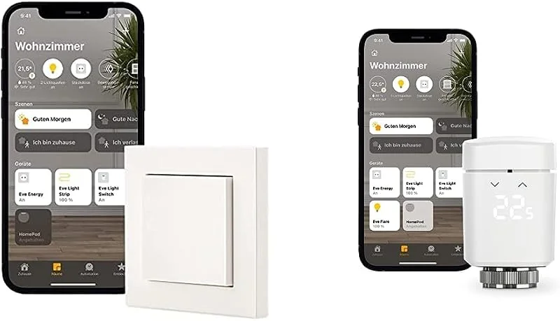Eve Light Switch – Smarter Lichtschalter, Einfach-, Wechsel- & Kreuzschaltung & Thermo - Smartes Heizkörperthermostat, made in Germany, spart Heizkosten — Heizung Warmepumpe