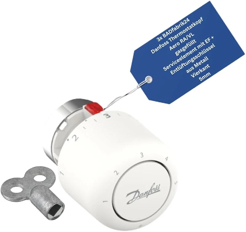 Thermostatkopf AERO RA, VL EF gasgefüllt mit Serviceelement + Entlüftungsschlüssel 5 mm Metall – 3er Set – präzise Heizkörperregelung, einfache Montage — Heizung Warmepumpe