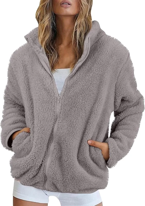 Fleecejacke Damen Stehkragen Teddyjacke Reißverschluss Plüschjacke Frauen Freizeit Kuscheljacke Flauschig Jacke Winter Einfarbig Winterjacke Damen Warm Dicke Elegant Mantel Weich Bequem — Heizkleidung