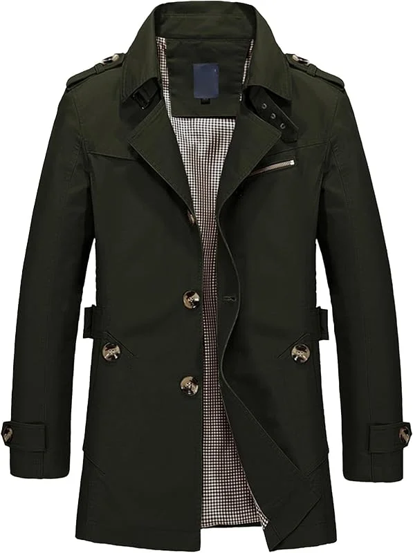 Schlanker Herren Trenchcoat mit gekerbtem Kragen Einreihige Jacke aus gewaschener Baumwolle Klassischer Wintermantel Erbsenmantel — Heizkleidung