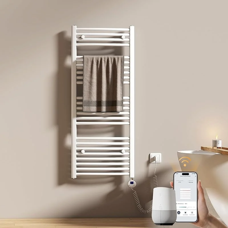 EMKE WiFi Badheizkörper Elektrisch 1200x500 mm - Gebogen Handtuchheizkörper Elektrisch, Elektrischer Handtuchwärmer Handtuchtrockner Handtuch Heizkörper Bad mit Thermostat und Heizstab - 500W, Weiß — Heizung Warmepumpe