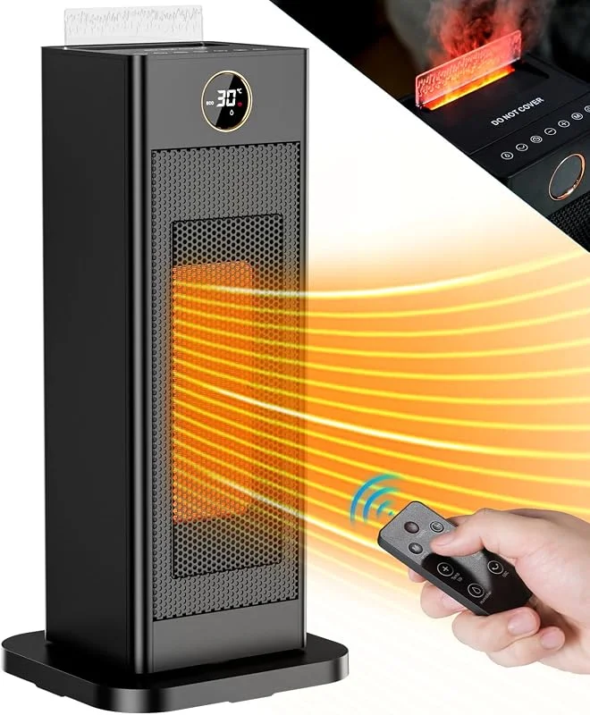 LIFERUN Keramik Heizlüfter Energiesparend mit Luftbefeuchter led Flammenlicht, Leise, 2S Wärmt Schnell, 90°Oszillation, mit Fernbedienung, Timer, Elektrische Heizung Schlafzimmer, Büro (L-2000W) — Heizung Warmepumpe
