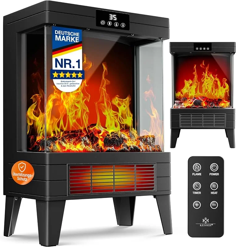 KESSER® LED Kamin Arvo mit Heizung elektrisch, Kaminheizung Elektrokamin Standkamin mit realistischem Feuer -, Flammeneffekt per Fernbedienung, Timer Überhitzungsschutz Zwei Heizstufen, 2000W — Heizung Warmepumpe