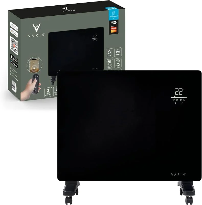 Varin® Smart Konvektor Heizung Elektrisch, 1500W, 65x47cm - Schwarzes Glas — Heizung Warmepumpe