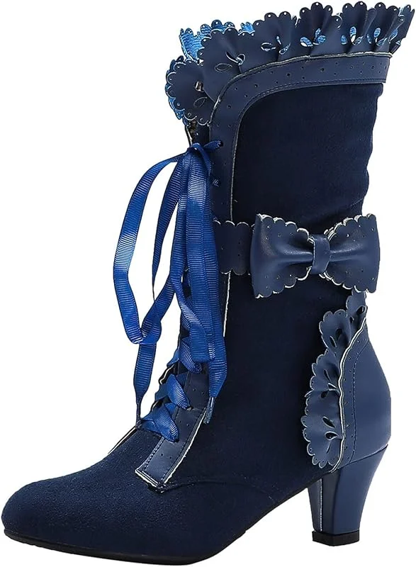 Damenstiefel, große Größe, mit Schleife, Spitze, hoher Absatz, breiter Absatz, Schnürung vorne, große Größe, kurze Stiefel für Damen — Heizkleidung