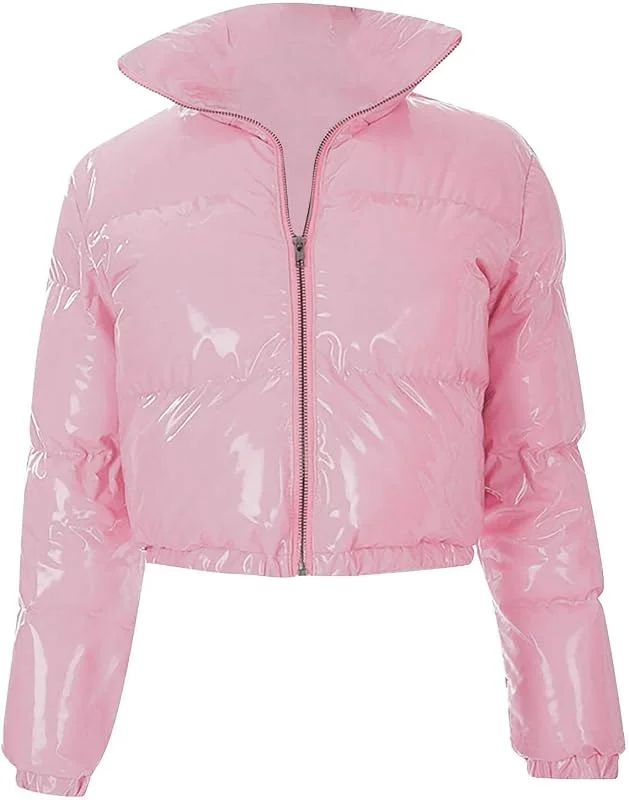Puffer Jacke Damen Glänzend Kurz Steppjacke Damen Leicht Ohne Kapuze — Heizkleidung
