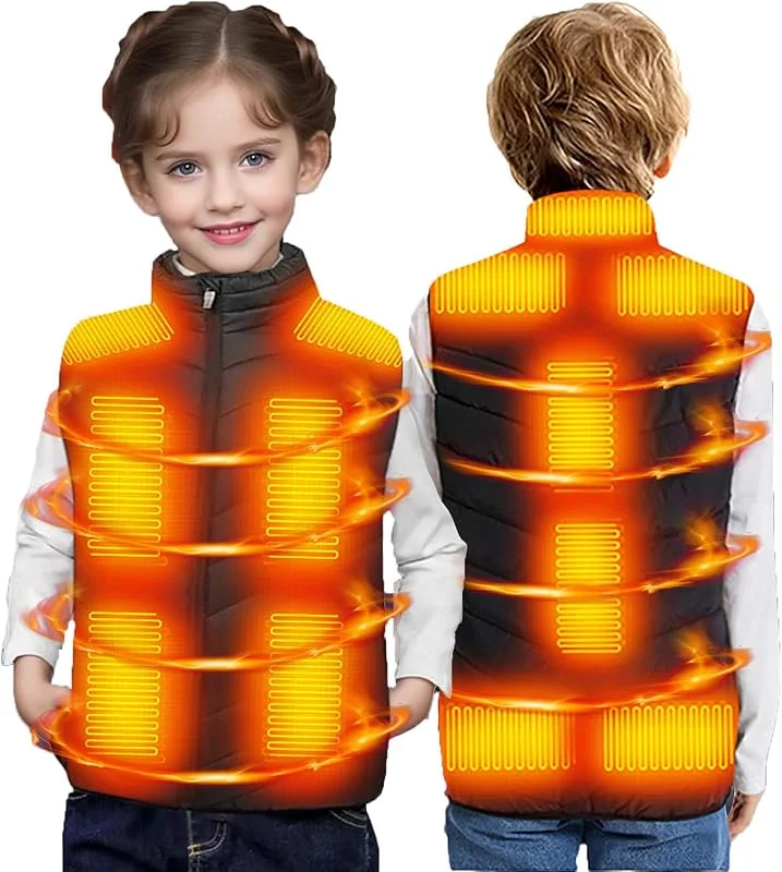 Beheizbare Weste Kinder, Beheizbare Jacke mit 13 Heizzonen für Jungen Mädchen, 3 Einstellbare Temperatur USB Elektrische Heizweste Schnelles Aufheizen Wärmeweste für Outdoor Wandern — Heizkleidung