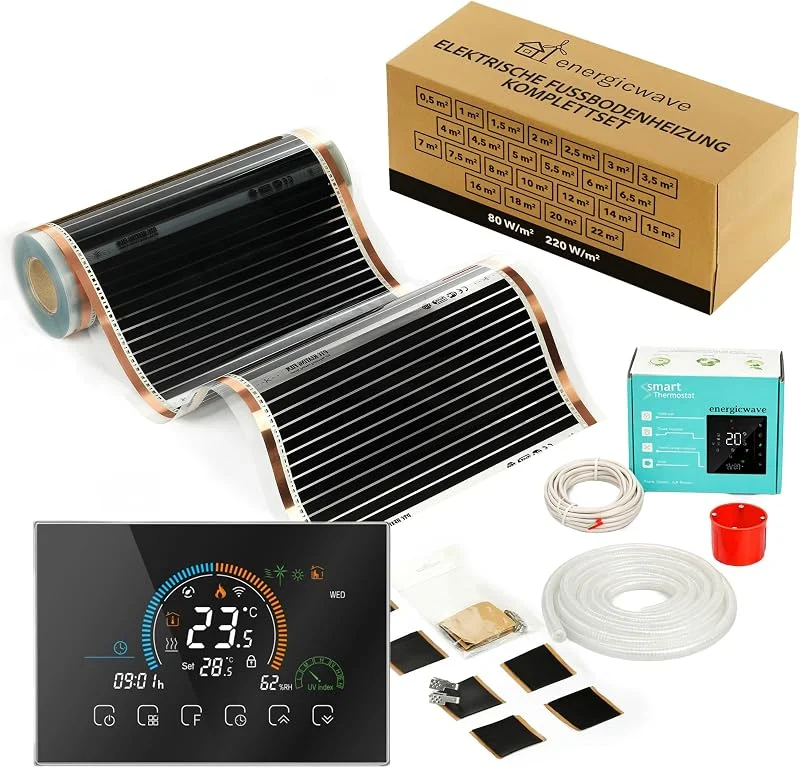 Elektrische Fußbodenheizung 110W, m² – Infrarot Heizfolie 1, 5 m² mit WLAN Thermostat WIDE8.0 in Schwarz, 230V Heizsystem für Wand, Decke, Spiegel, Laminat – Smart Home kompatibel — Heizung Warmepumpe