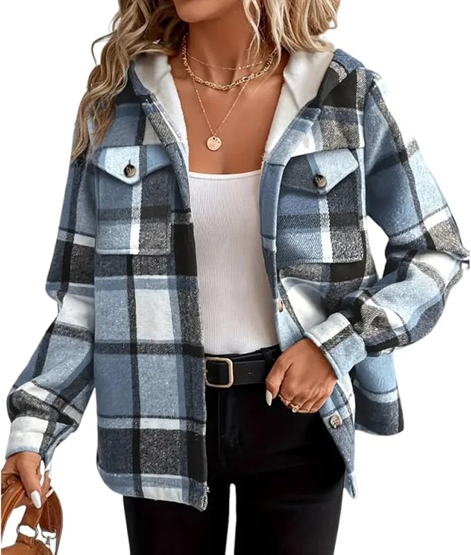 Generisch Wintermantel Damen Warm Gefüttert Kariert Winterjacke Damen Langarm Oversize Fleecejacke Mit Kapuze Fleece Damen-Jacken Winter Herbst Übergangsjacke Elegant Leicht Mantel Mit Knöpfen — Heizkleidung