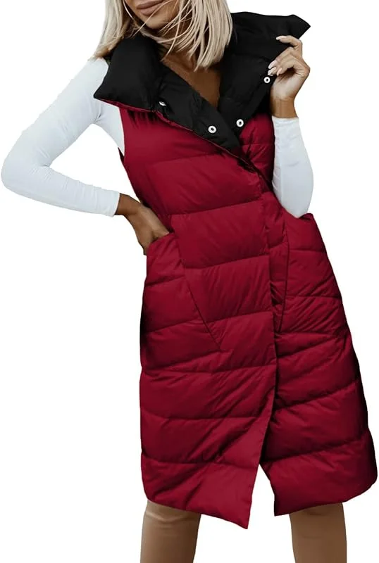 Daunenweste Damen Lang äRmellos Steppweste Reverskragen Longweste GroßE GrößEn Mantel Damen Elegant Herbst Winter Warm Steppjacke Mit Knöpfen Leichte Outdoorjacke üBergangsweste Kapuzenweste Outwear — Heizkleidung